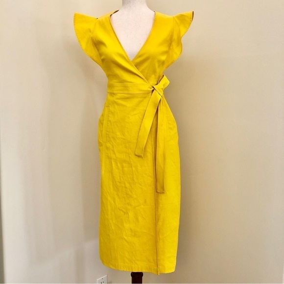 A.L.C. Linen Walker Ruffle Midi Wrap Dress. Yellow. Size 2 - Picture 3 of 16